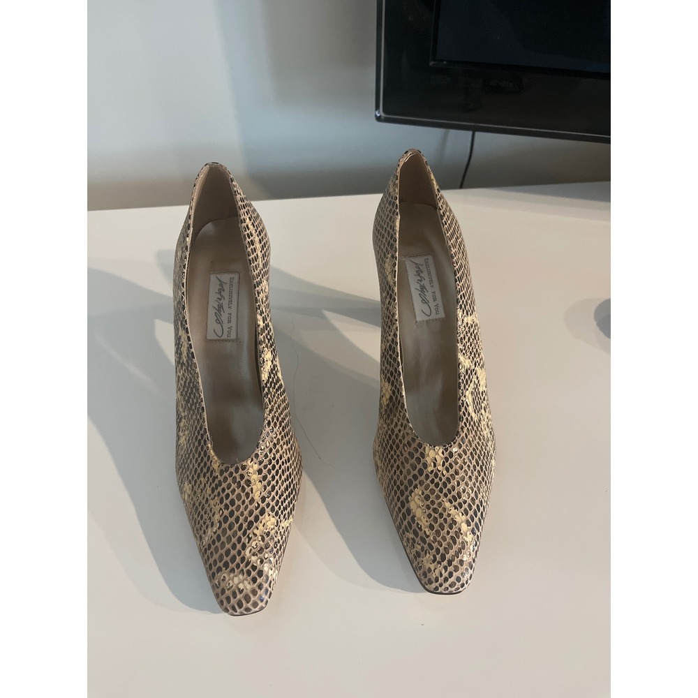 Made in Spain‎ Snakeskin Embossed Leather Pointed Toe Pumps Tan Gold 8.5B